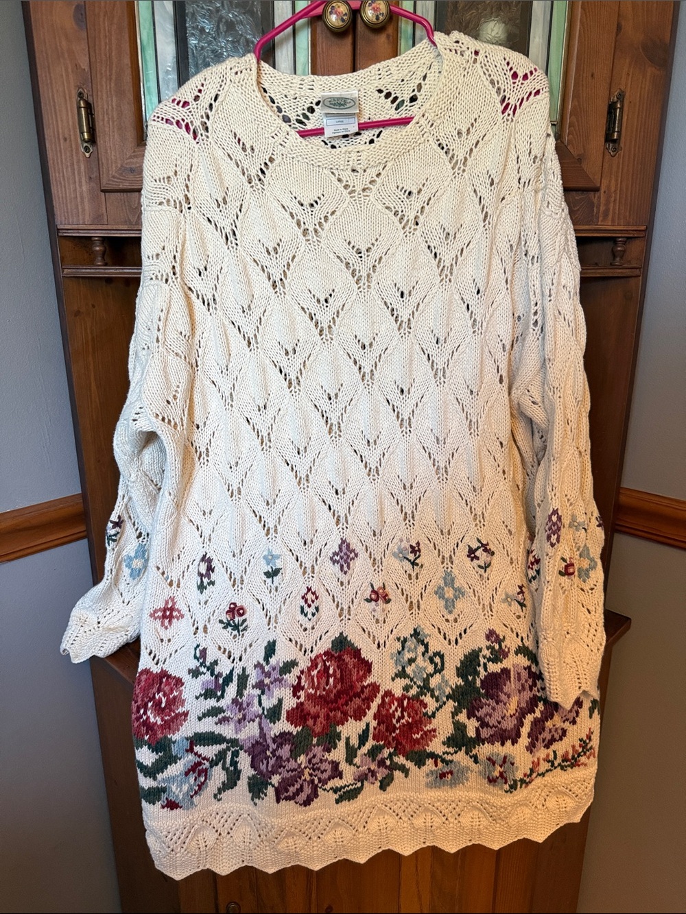 Laura Ashley Cream Knit Long-Sleeve tunic sweater/mini  dress with Floral Hem L